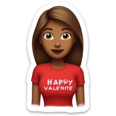 brown lady, medium brown long straight hair, red lips, eyelashes, wearing red “happy Valentine’s Day” t shirt sticker