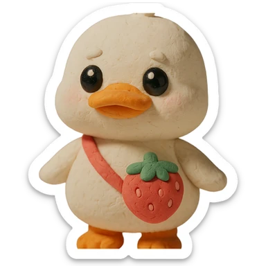 chibi white duck with a strawberry-shaped shoulder bag, pastel 3D clay style, big shiny eyes, soft lighting, kawaii aesthetic sticker