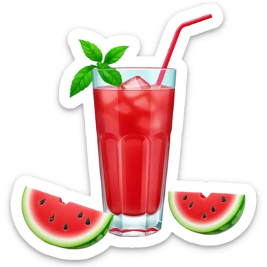 A 3D cartoon glass filled with watermelon juice, ice cubes, mint garnish, bright red color, smooth reflections, soft natural lighting, Memoji-style. sticker