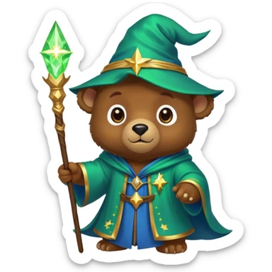 A young bear wizard with a glowing green spell, golden staff and starry blue robes sticker
