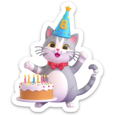 cartoon cat with a birthday hat and cake, celebrating, confetti background sticker