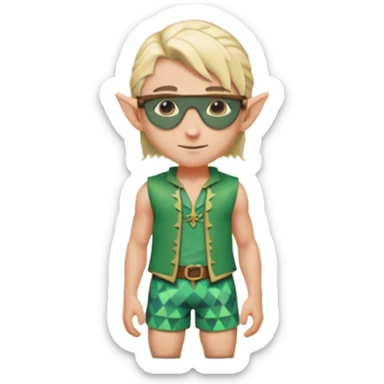 elf male legolas portrait, patterned board shorts (geometric/abstract), unique wooden-framed sunglasses, undercut hairstyle, slight smirk, visible pointy ears, no background, centered emoji, hipster summer vibe sticker