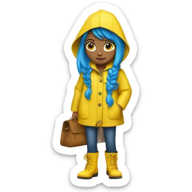 girl with blue hair in a bob, button eyes, a yellow raincoat, some freckles, blue skinny jeans, a yellow pair of rain boots to match the rain coat, a bag like purse, and a scowl sticker