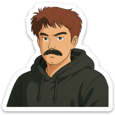 Asian man with black mustache, red hair, wearing a black hoodie, in 80's Japanese cyberpunk anime style sticker