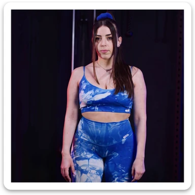 Realistic style image of a woman in sportswear inspired by the two reference photos, showing water retention on the legs with localized swelling on calves and ankles. Clear anatomical details, front view, neutral background, medical realistic appearance. sticker