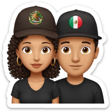 A picture of a cute tanned couple. the man is Mexican, with a bald hair cut wearing a SnapBack hat and a black shirt. the woman is mixed, she has curly longer dark brown hair, thicker and with big boobs  sticker
