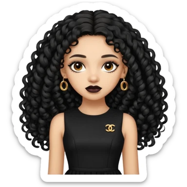 Light skin girl with black very long curly hair, brown eyes, black Chanel dress sticker