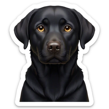 Cinematic Noble Black Labrador Portrait Emoji, Poised and regal, with a robust, muscular build and a sleek, shiny pure black Fur, deep-set soulful brown eyes, Simplified yet sharp and sophisticated features, highly detailed, glowing with a soft, dignified glow, high shine, intelligent and gentle, stylized with an air of confidence, focused and attentive, soft glowing outline, capturing the essence of a watchful and loving companion, so majestic it feels as though it could bound out of the screen with effortless authority! sticker