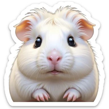 Cinematic Cute White Guinea Pig Portrait Emoji, Head tilted playfully and inquisitively, showcasing a silky, immaculate white fur with a natural glow, round, sparkling dark eyes filled with curiosity, Simplified yet irresistibly adorable features, highly detailed, glowing with a warm, friendly light, high shine, affectionate and lively, stylized with a touch of whimsy, bright and endearing, soft glowing outline, capturing the essence of a mischievous yet loving guinea pig, so playful it feels like it could nuzzle out of the screen and into your arms! sticker