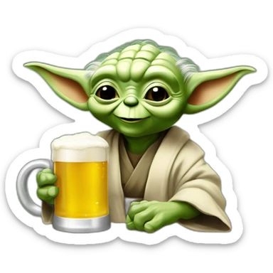 Yoda sonriendo levanta una copa de cerveza con el brazo izquierdo con el brazo izquierdo sticker