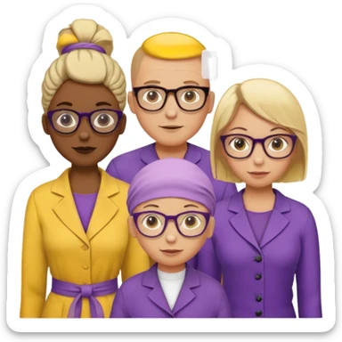 FIVE person team; 2 men and 3 women.  All dressed in yellow or purple.  2 caucasian women have blonde and 1 has ash blonde hair tied up.  1 man is African-american and bald, 1 man is caucasian and very little hair left.  All have glasses sticker