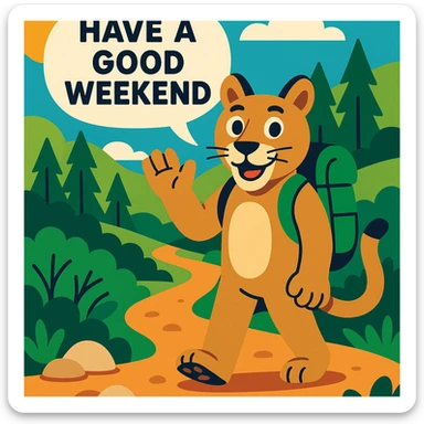 a friendly illustrated style cougar on a hiking trail, smiling, with a speech bubble saying 'Have a good weekend' sticker