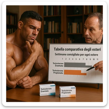 realistic muscular bodybuilder with reflective expression, coach pointing at a comparative table of esters with Italian text 'Tabella comparativa degli esteri' and 'Settimane consigliate per ogni estere', testosterone boxes labeled 'Testosterone Enantato' and 'Testosterone Propionato' on table, explanation atmosphere, study room background, 4K quality sticker