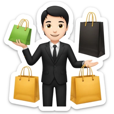 a white man black hair in a black suit with clothing shopping bag sticker