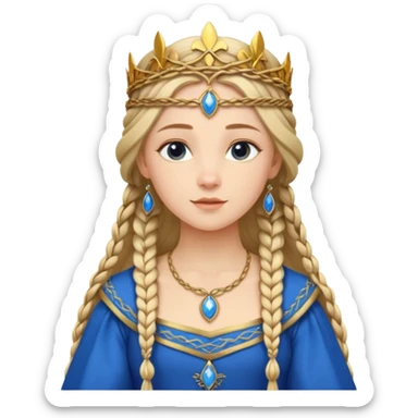 An emoji portrait of a medieval European princess. She wears a long-sleeved bliaut dress in a vibrant blue color, with a delicate golden circlet on her head. Her hair is braided in long tresses, and her expression is gentle and pious. sticker