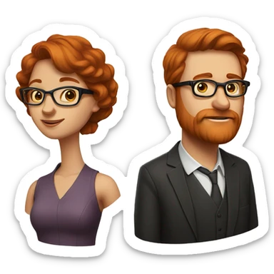 2 people 1 Fat man brown hair glasses and. 1 woman pretty redhead glasses sticker