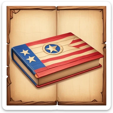 Elegant aged book with the Puerto Rican flag subtly embossed on the cover, carved wooden theater stage symbol, vintage textured cover with warm wood and parchment tones, slightly glowing, representing the eternal legacy of scenic design sticker