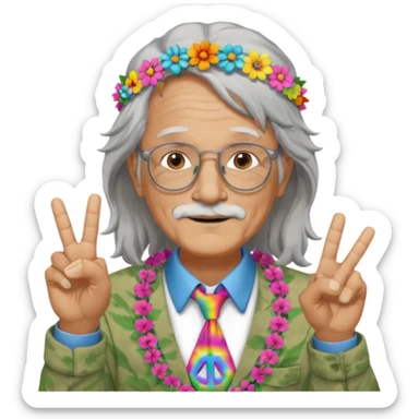 elderly man with long grey hair, glasses, peace sign necklace, tie-dye clothing, flower crown sticker
