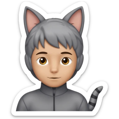 Boy kid in gray cat suit with tail and ears sticker