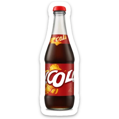 glass bottle with brown soda and red lid with the word "cola" on the label sticker
