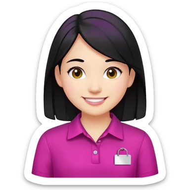 girl  with black hair wearing a magenta shirt with white name tag smiling sticker