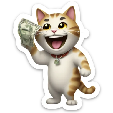 A cat laughing with money in its hands sticker