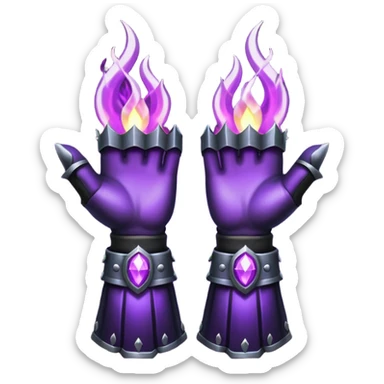 A Discord emoji of a pair of black armored gauntlets holding a flickering violet flame. The hands are positioned as if offering a gift. Dark gothic fantasy, glowing magical effects, high contrast, 2D vector style, white background. sticker
