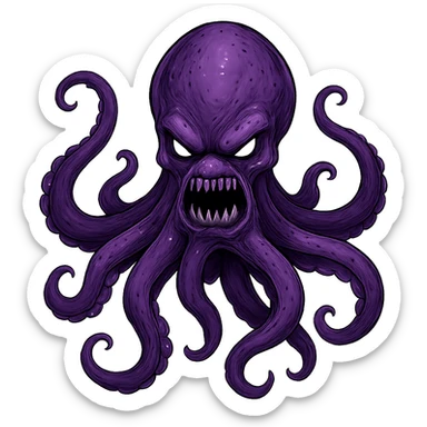 Remove the nose, make the octopus look scary, keep the purple color, with no background. Maintain the original style and details of the octopus while making it look scary and purple. sticker