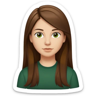 30 yr Caucasian woman long brown straight hair parted on side dark green shirt sticker