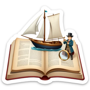 Icon for Reading Fiction: a large open book with pages turning, a sailboat sailing across the pages, Musketeers on horseback, Sherlock Holmes with a magnifying glass, and other literary elements. The icon should evoke the adventurous spirit of storytelling. Transparent background. sticker