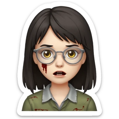  iPhone emoji is a zombie girl with dark hair long below her shoulders bangs and a ragged haircut gray eyes glasses  sticker