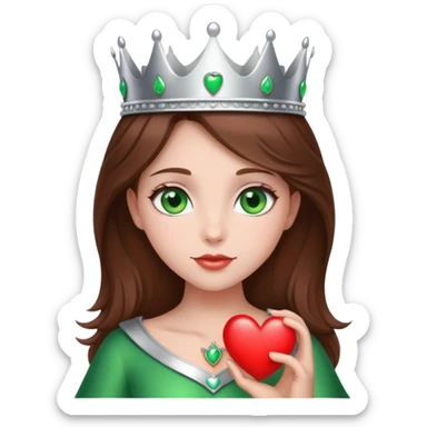 Girl with brown hair, green eyes, silver crown and red heart sticker