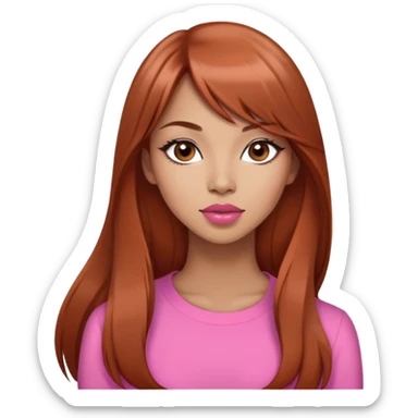 gorgeous woman, light tan skin, very long auburn hair, side bangs, black eyes, peachy pink lipstick, model, latina, asian, mixed sticker