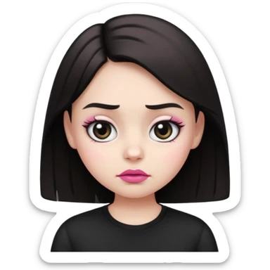  Girl emoji with round face, white skin, sharp eyebrows, frowning face, black shirt, pink lips, and big eyes  sticker