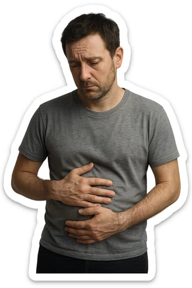 uomo che si guarda allo specchio triste mentre si tocca la pancia, pensieroso, iperrealistico 4k sticker