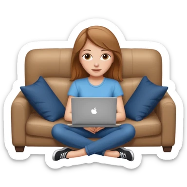 A white girl is lying on a sofa with a laptop sticker