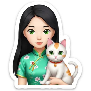 A Chinese girl with light skin, long black hair, wearing a qipao, and holding a calico cat with green eyes sticker
