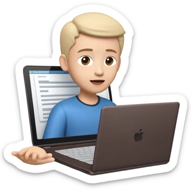 A dark-colored laptop with the screen open. From the screen, a person is emerging, giving a lecture or teaching. The person should look expressive and in a teaching pose. Soft shadows, semi-3D emoji style, clean background. video course sticker