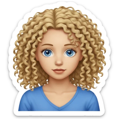 This is a 2D digital anime-style portrait of a female, caucasian, 29 years old light skin. The person has messy dirty blond curly hair shoulder long, round blue eyes.  sticker