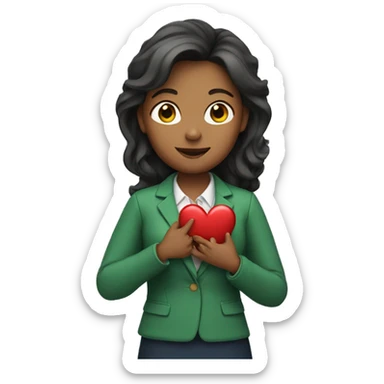 A female teacher in a green jacket holds a heart in her hands sticker