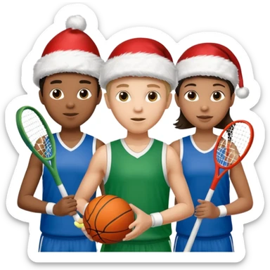 crie a imagem de 3 atletas de modalidades diferentes, usando elementos esportivos, como por exemplo bola, raquete, luca... e usando um chápeu de papai noel das cores verde e azul. sticker