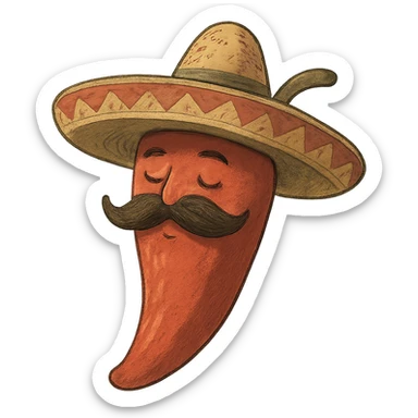 ghibli style red chile pepper with a sombrero and a Mexican moustache sticker