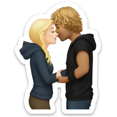 Pippin-hobbit wearing hoodie passionately kissing pretty blonde woman with black top sticker