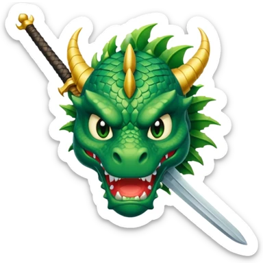green dragon's head with a sword through it, looking defeated, representing overcoming obstacles, WhatsApp emoji style sticker