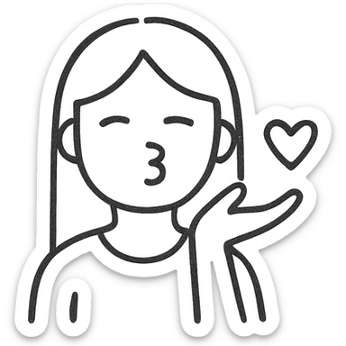 Make this icon of a blonde girl with straight hair blowing a kiss to the screen even more minimalistic, with fewer lines and simplified features, no background. sticker