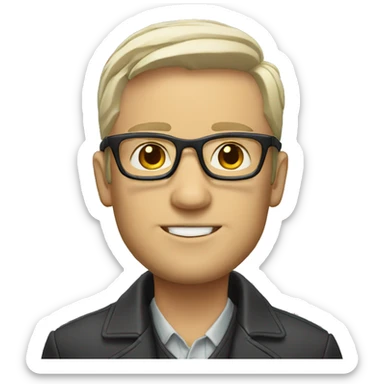 white man with straigth hair, glasses, a jacket and a necklace sticker