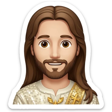 Jesus Christ with long brown hair, ivory sequin outfit sticker