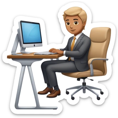 Looking down, full-length portrait of a professional working diligently at a computer. sticker