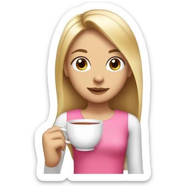 a blonde long straight hair girl with brown eyes has a pink bow on head and drink a cup of tea sticker
