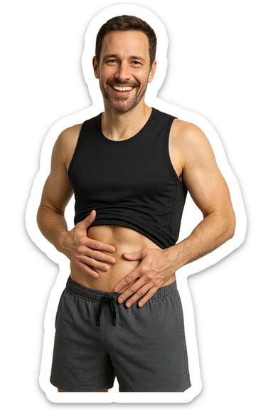 uomo fitness realistico che si tocca la pancia magra felice, iperrealistico 4k sticker